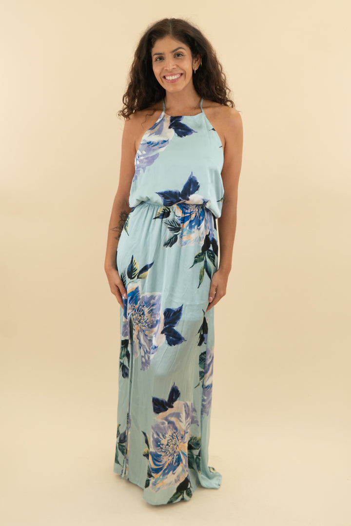 show me your mumu light blue floral halter neck maxi dress (m; retail $198)