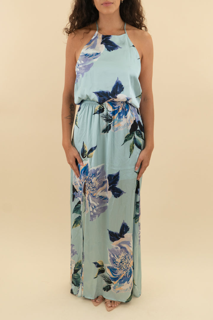 show me your mumu light blue floral halter neck maxi dress (m; retail $198)