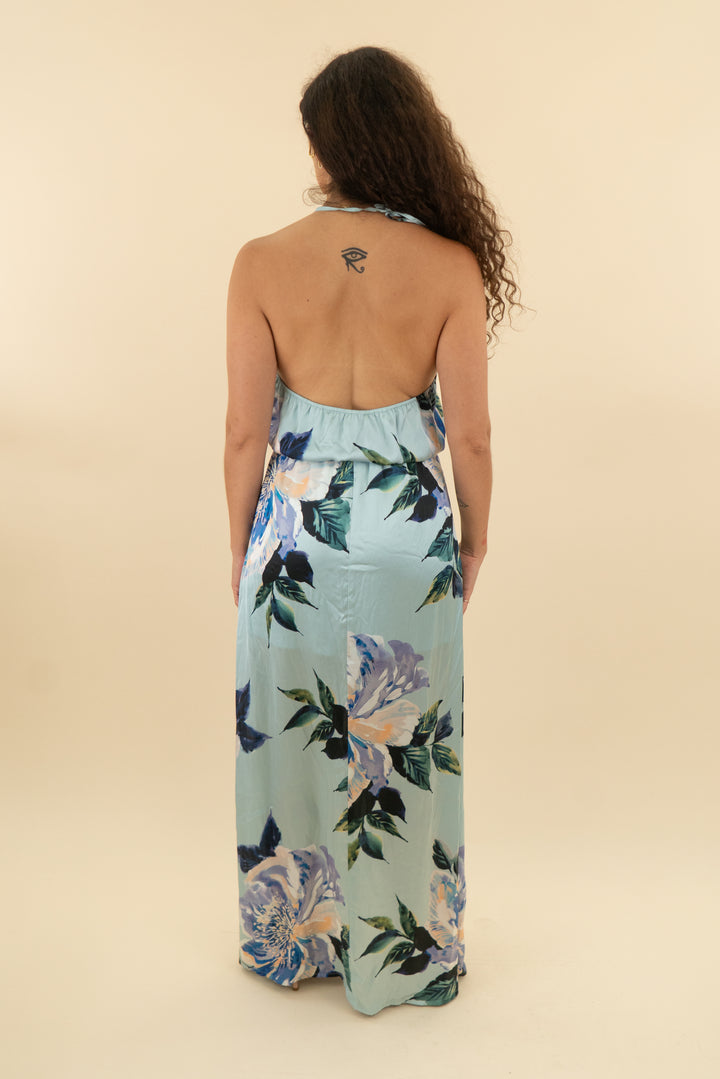 show me your mumu light blue floral halter neck maxi dress (m; retail $198)