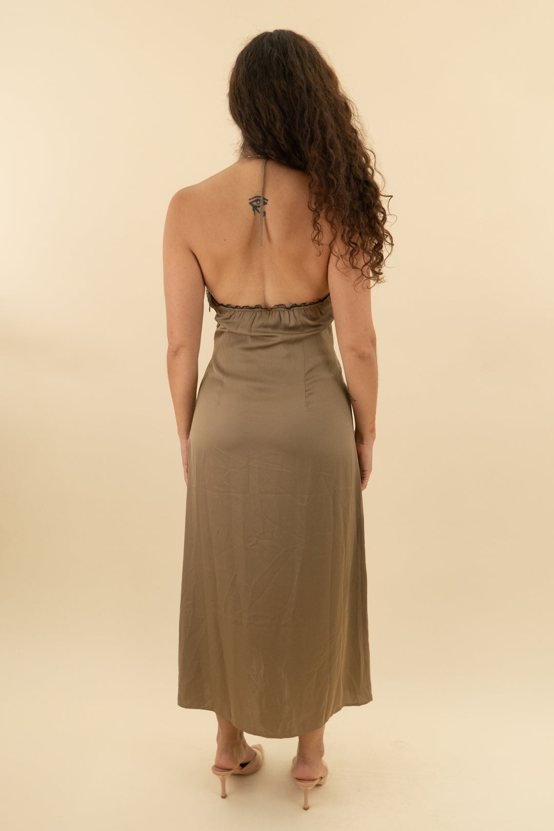 anthropologie dark taupe lace halter midi slip dress nwt (s; retail $158)