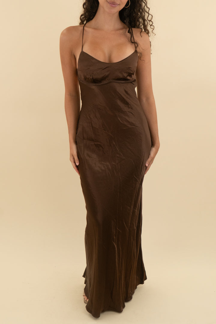 hello molly brown satin open back maxi dress nwt (s; retail $150)