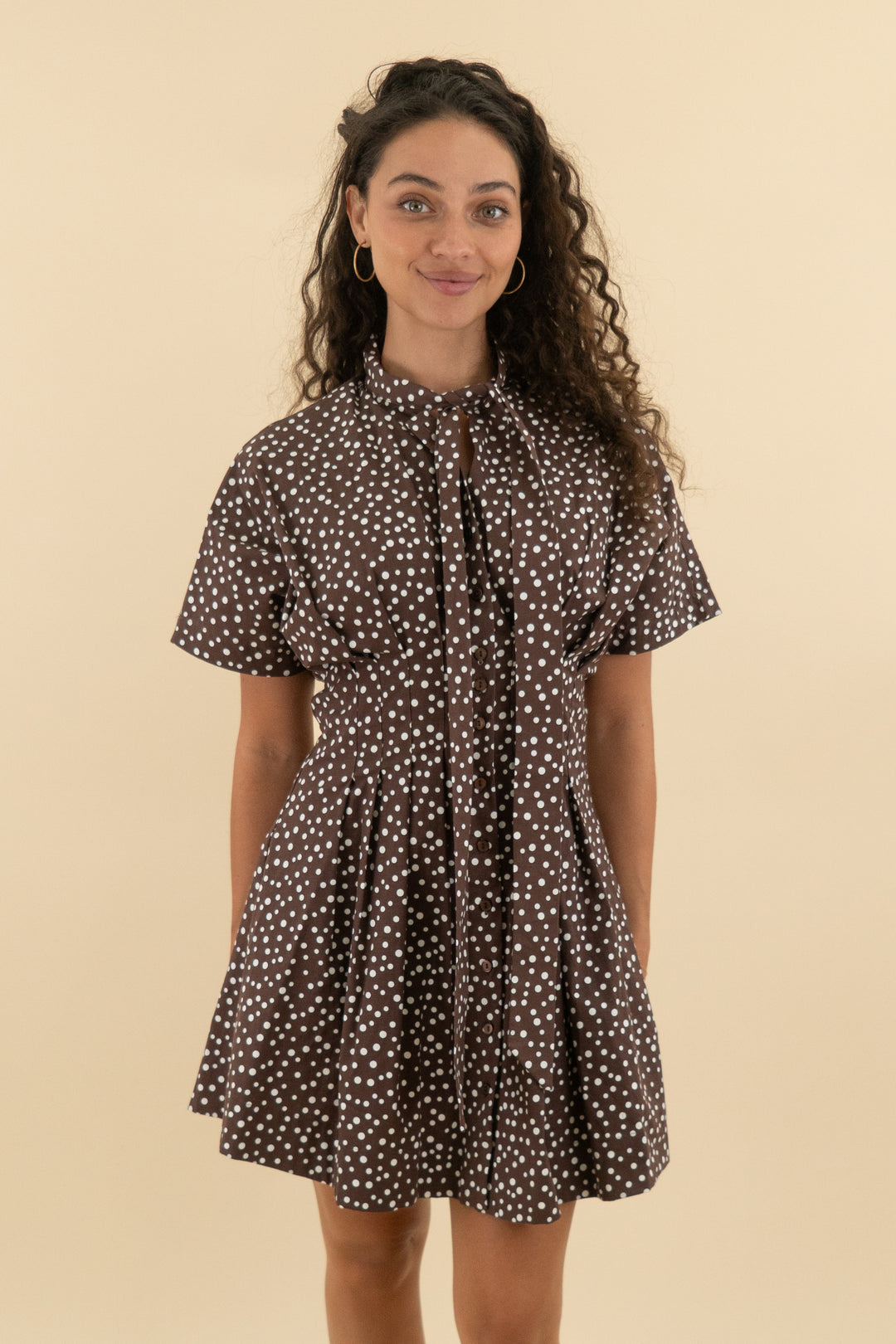 exquise brown polka dot short sleeve dress nwt (xs; retail $178)