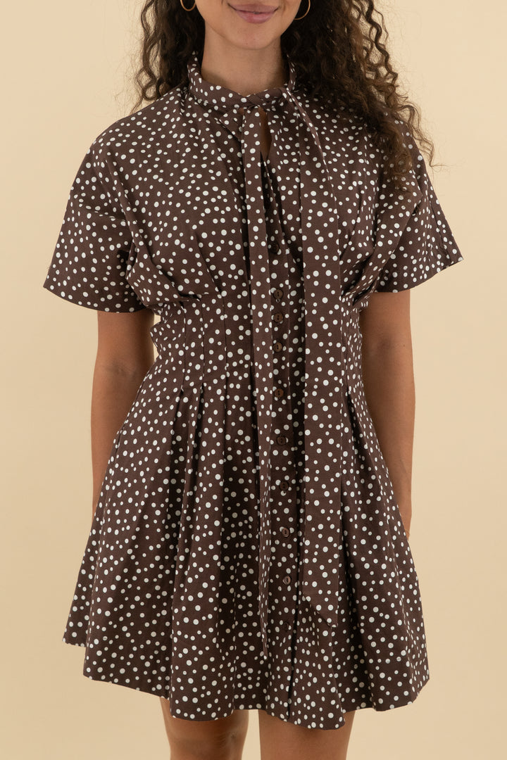 exquise brown polka dot short sleeve dress nwt (xs; retail $178)