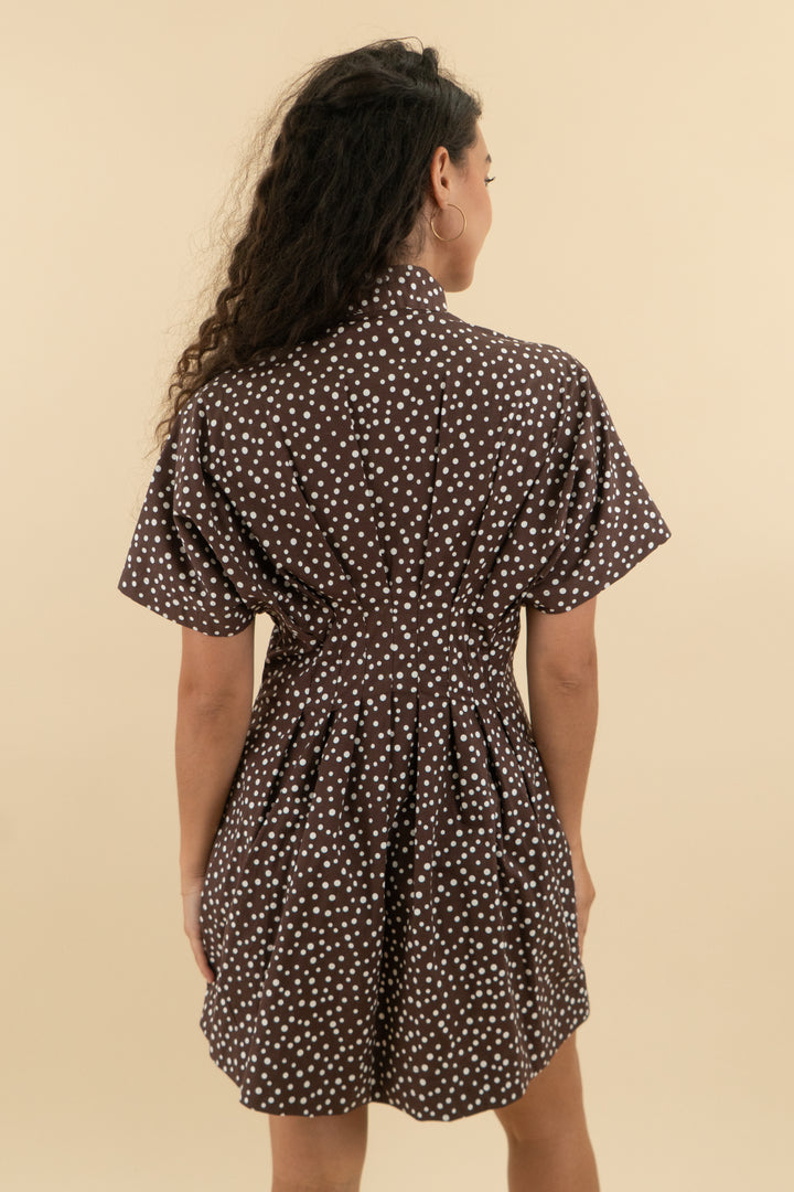 exquise brown polka dot short sleeve dress nwt (xs; retail $178)