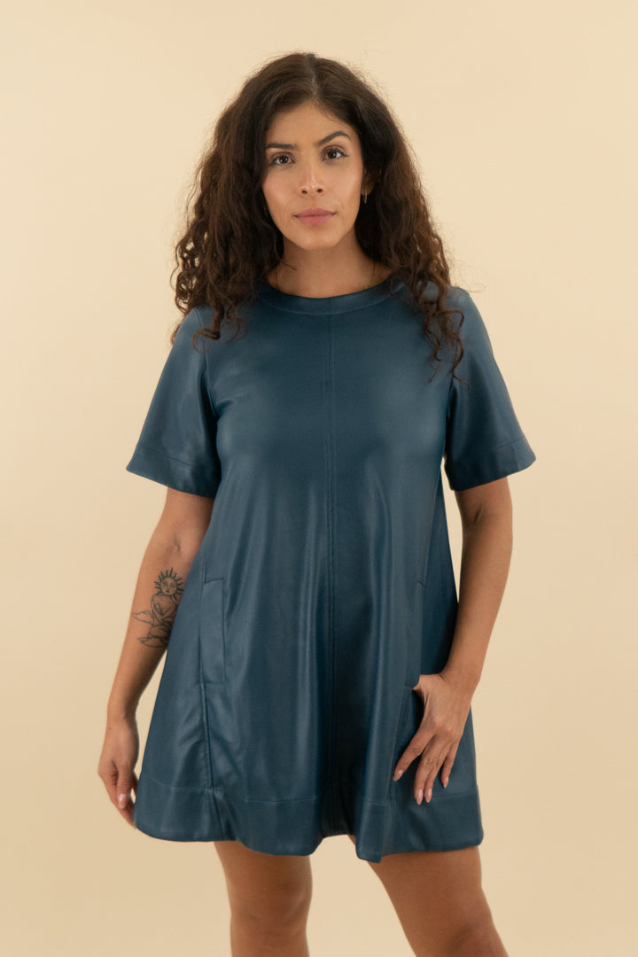 maeve dark teal faux leather short sleeve dress nwt (xs; retail $148)