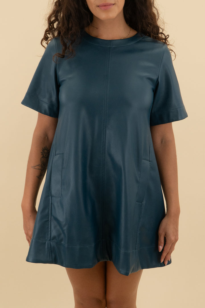 maeve dark teal faux leather short sleeve dress nwt (xs; retail $148)