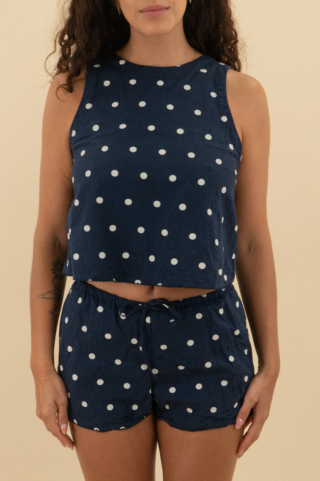 beach riot navy polka dot tank and short set (s; retail $186)