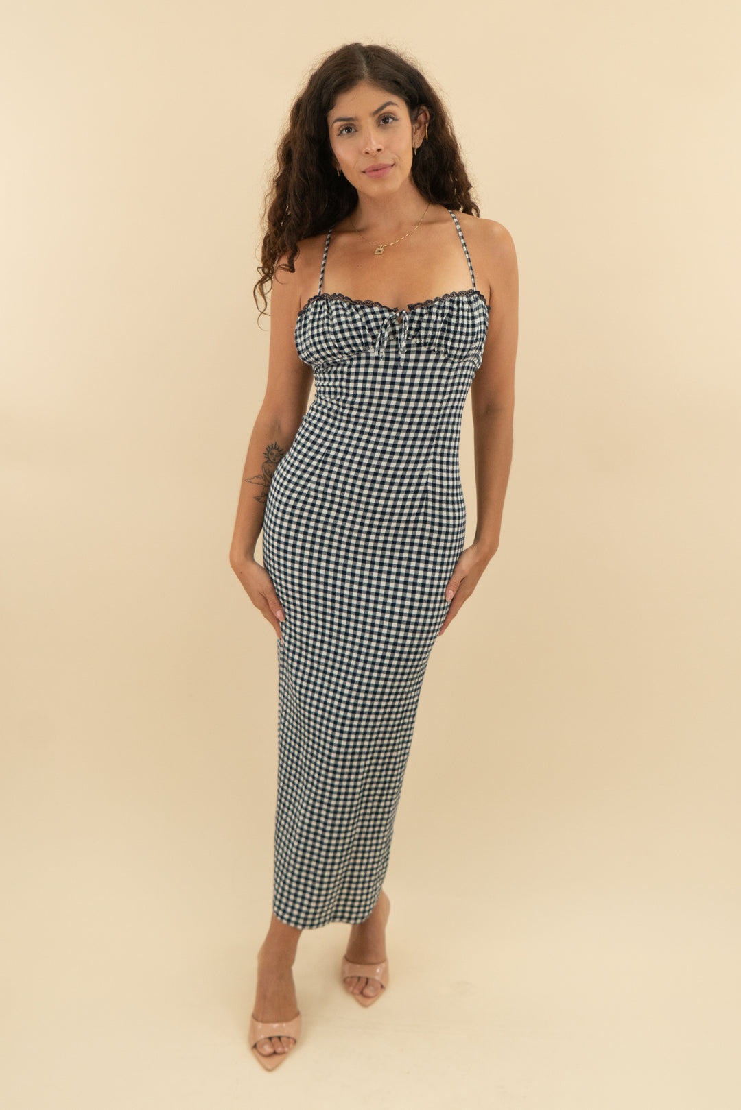 zara navy gingham maxi dress nwt (s; $50)