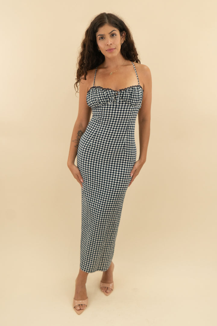 zara navy gingham maxi dress nwt (s; $50)