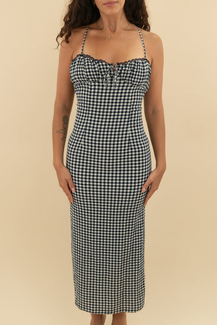 zara navy gingham maxi dress nwt (s; $50)