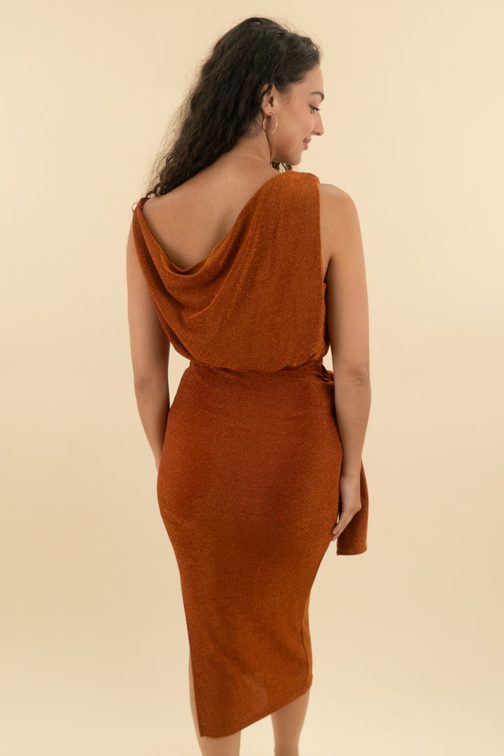 petal + pup bronze shimmer off the shoulder midi dress nwt (s; retail $99)