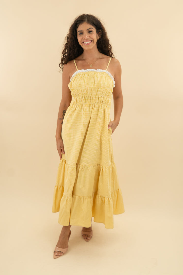 petal + pup yellow gingham ruffle maxi dress nwt (s; retail $109)