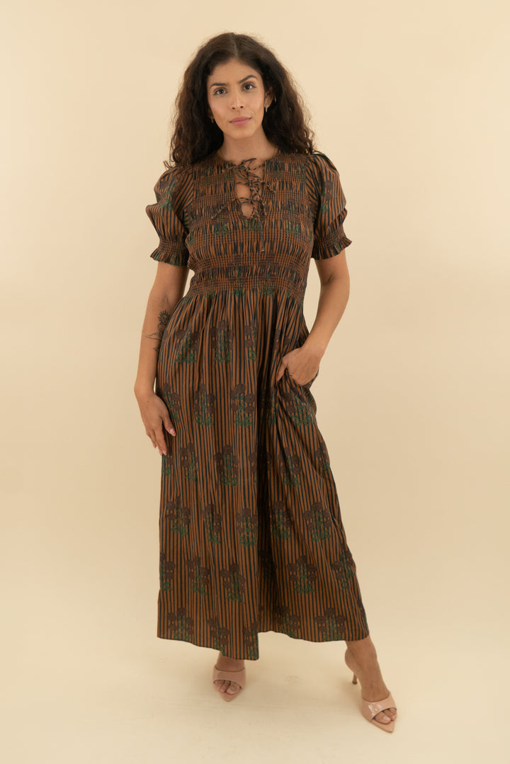 saylor brown striped floral print balloon sleeve maxi dress (s; retail $275)