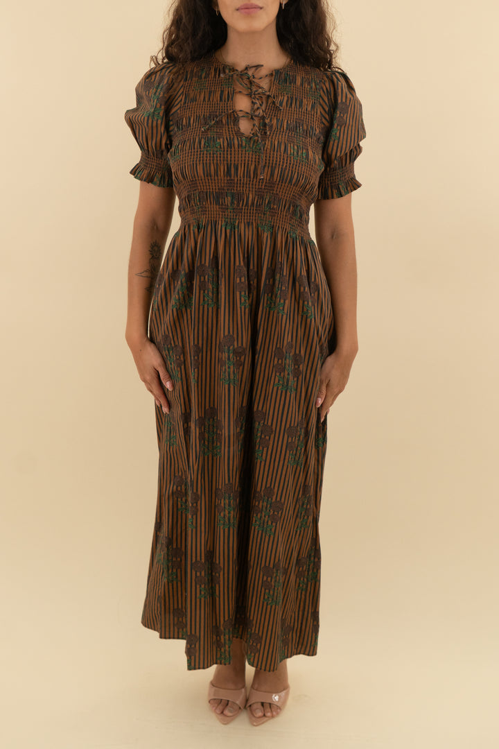 saylor brown striped floral print balloon sleeve maxi dress (s; retail $275)