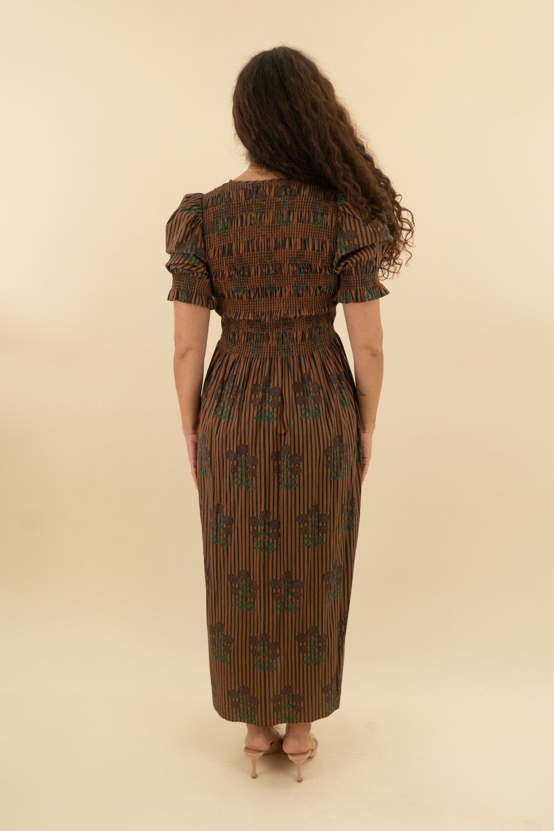 saylor brown striped floral print balloon sleeve maxi dress (s; retail $275)