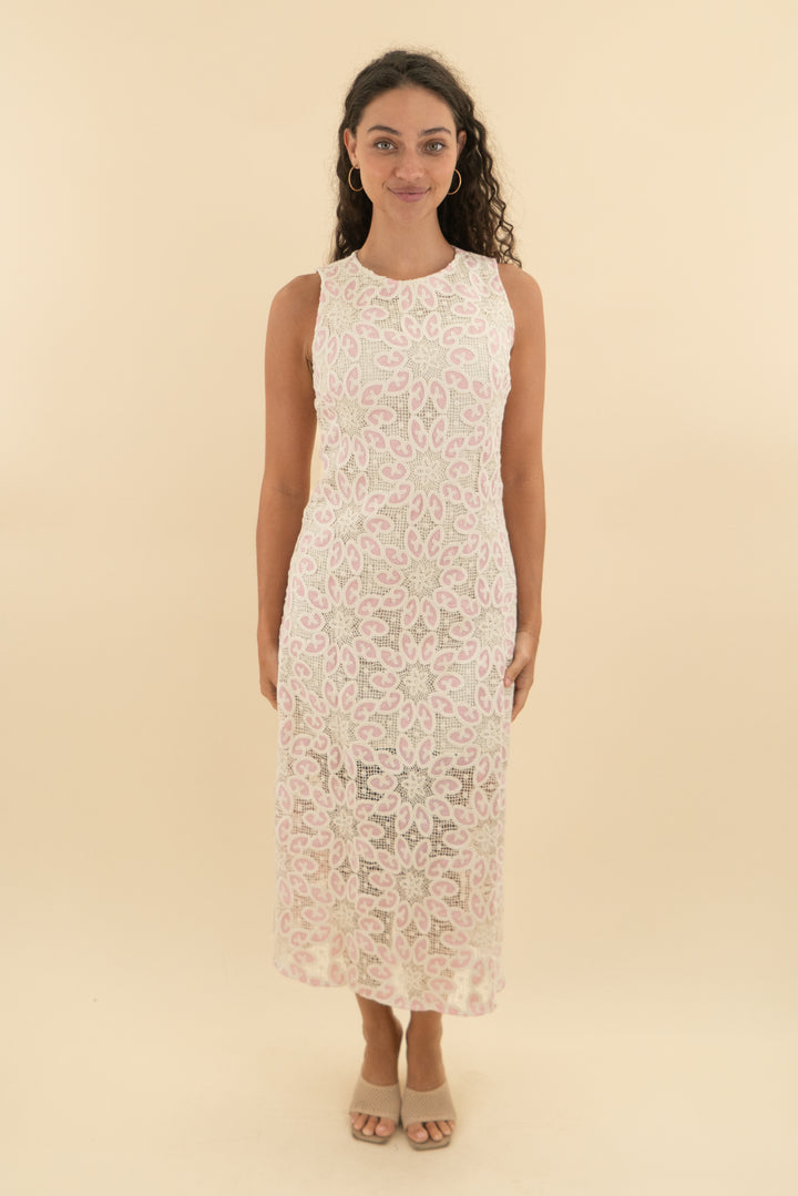 avara cream and pink crochet sleeveless midi dress nwt (s; retail $138)