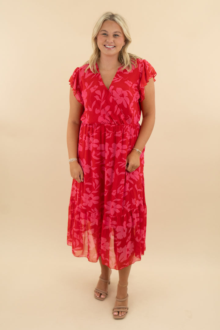 btfbm red/pink floral flowy maxi dress (xl; retail $50)