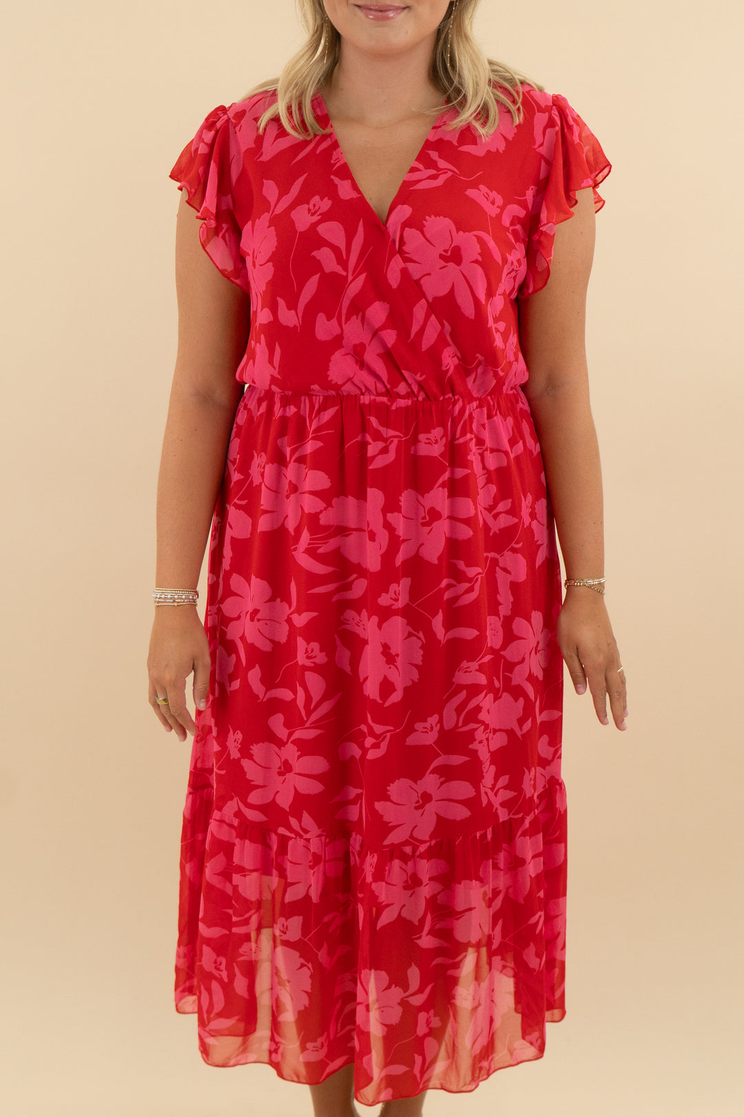 btfbm red/pink floral flowy maxi dress (xl; retail $50)