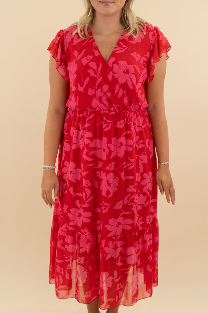 btfbm red/pink floral flowy maxi dress (xl; retail $50)