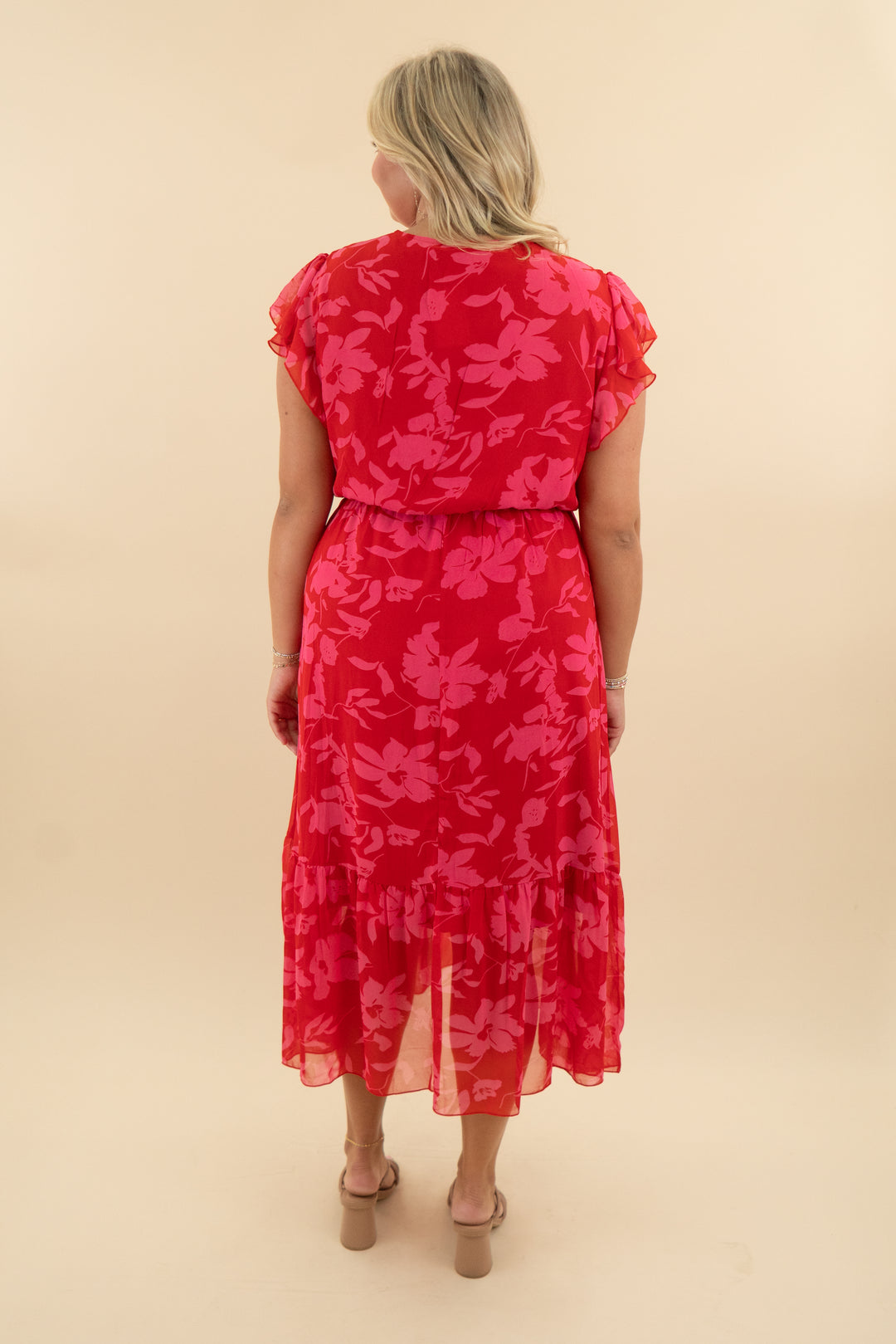 btfbm red/pink floral flowy maxi dress (xl; retail $50)