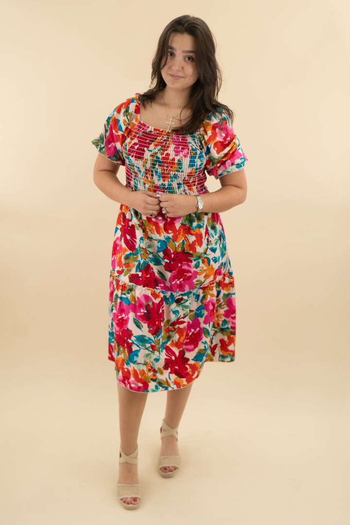 fashion super colorful smocked midi dress (l; retail $45)