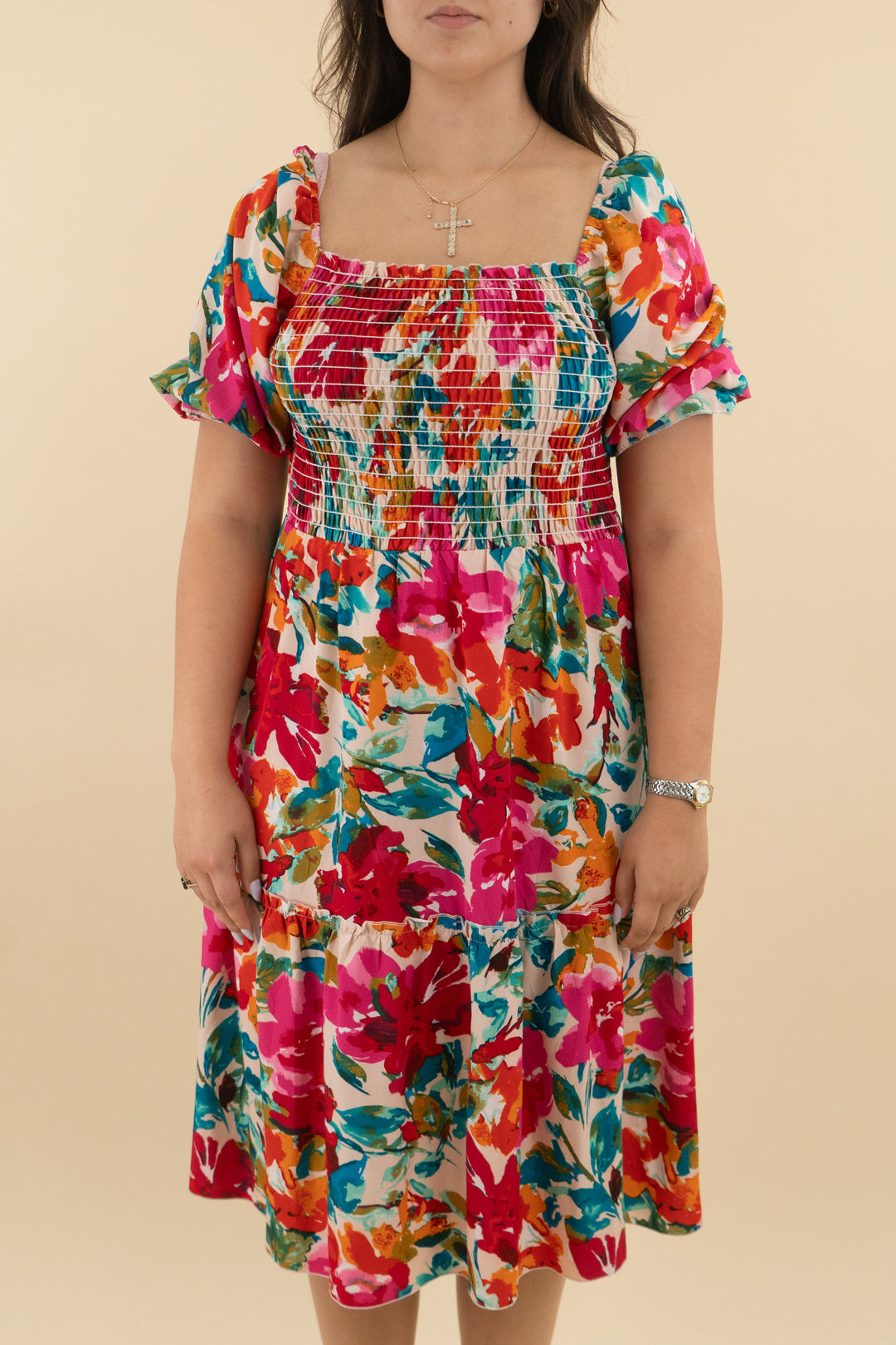 fashion super colorful smocked midi dress (l; retail $45)