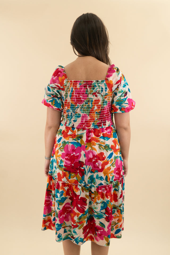 fashion super colorful smocked midi dress (l; retail $45)
