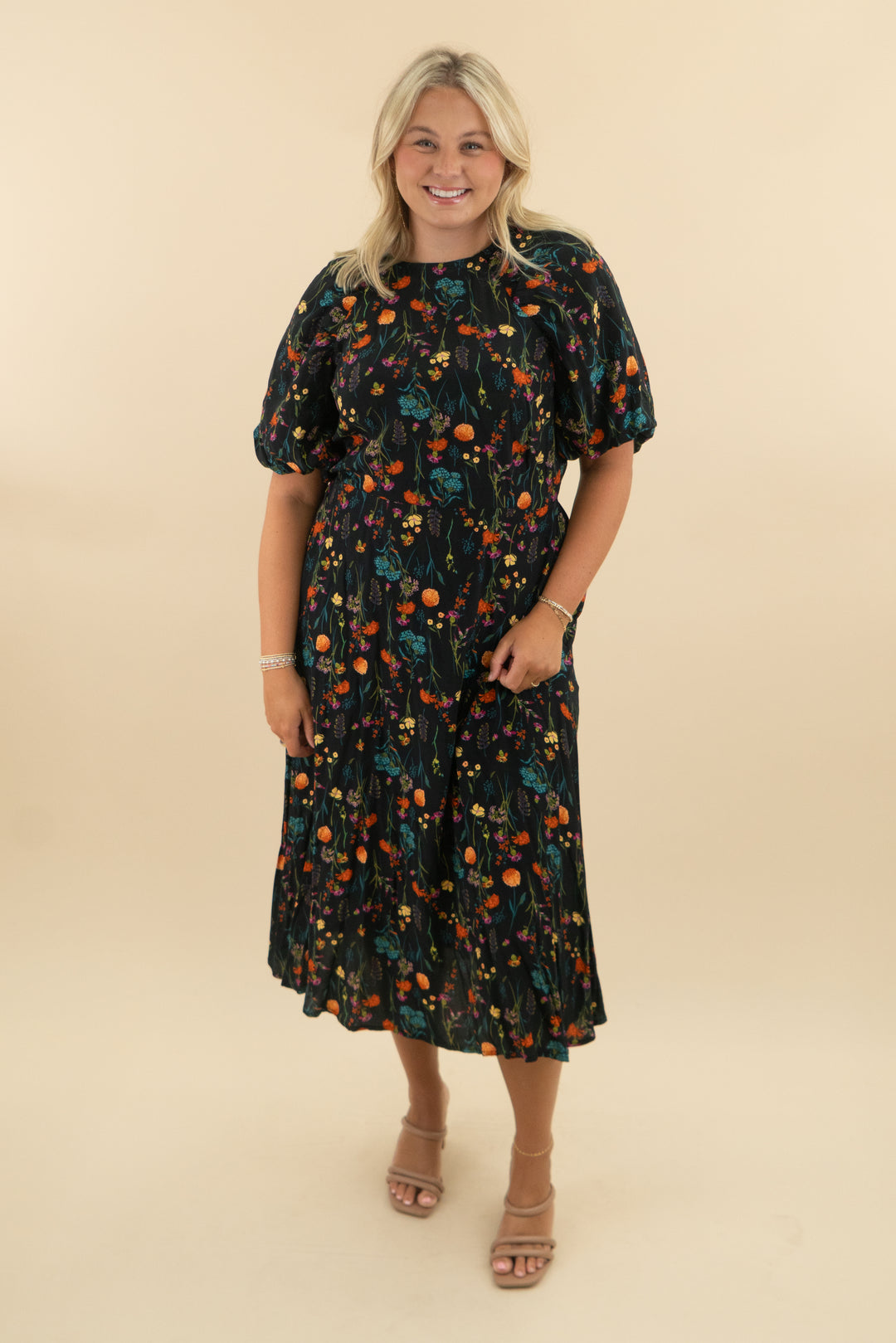 a new day black colorful floral flowy midi dress (l: retail $45)