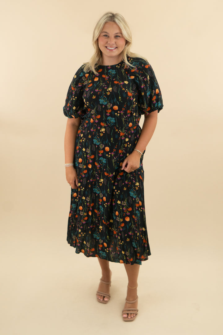 a new day black colorful floral flowy midi dress (l: retail $45)