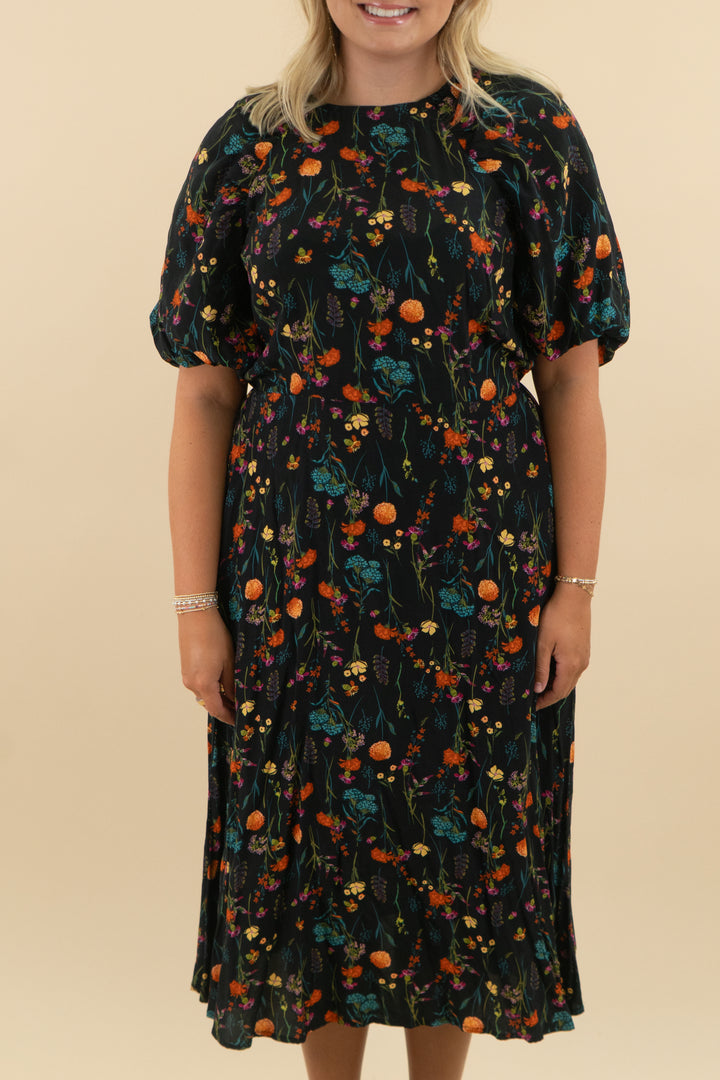 a new day black colorful floral flowy midi dress (l: retail $45)