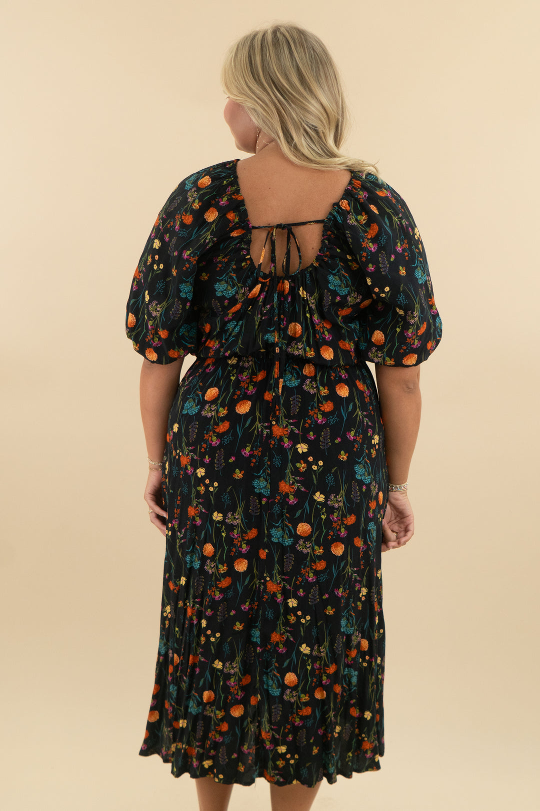 a new day black colorful floral flowy midi dress (l: retail $45)