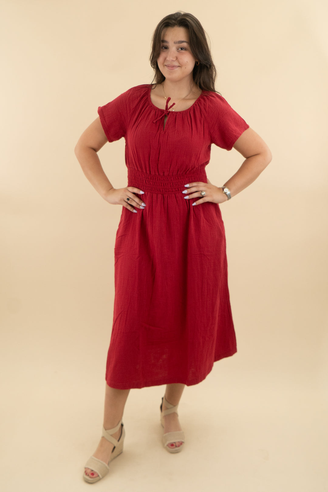 pact red mid smocked maxi dress (l: retail $128)