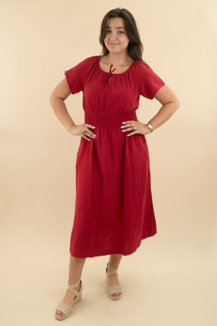 pact red mid smocked maxi dress (l: retail $128)