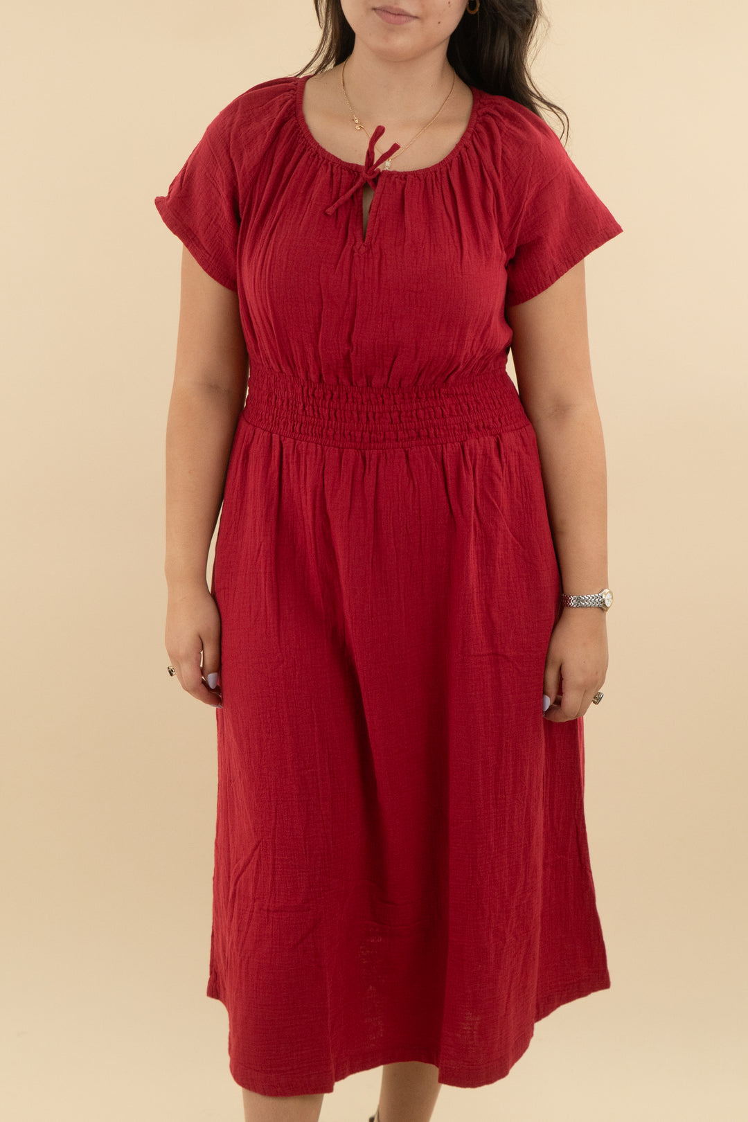 pact red mid smocked maxi dress (l: retail $128)