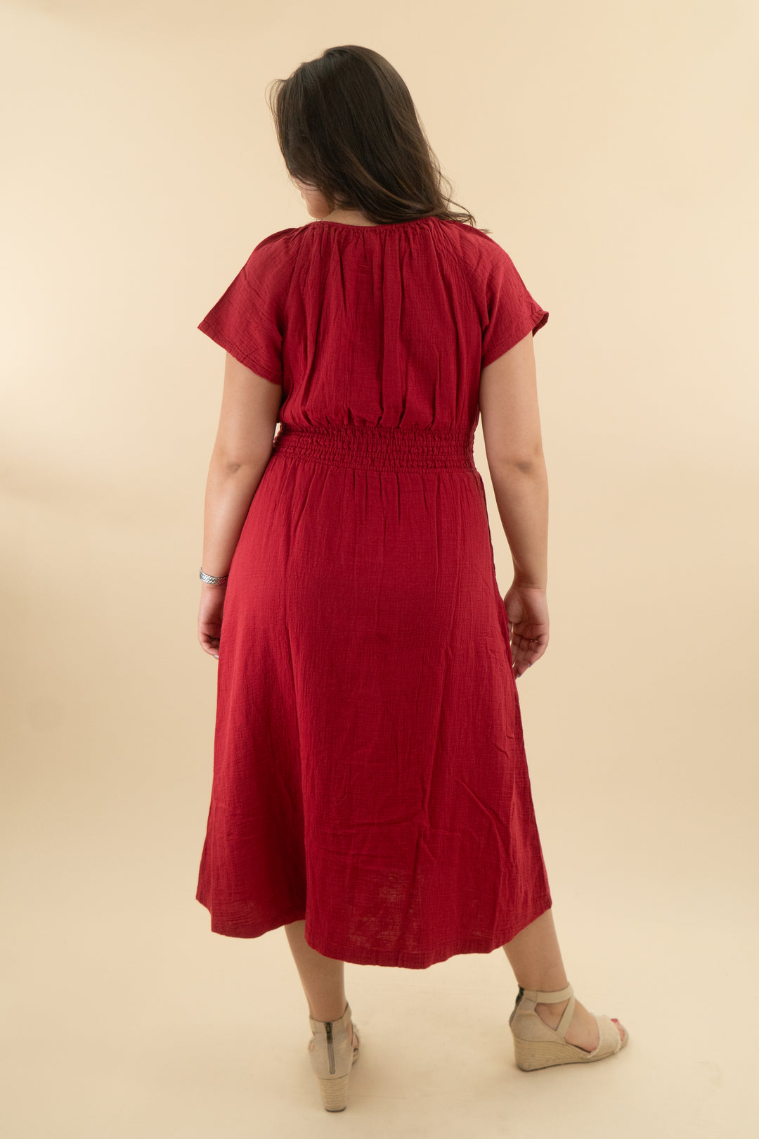 pact red mid smocked maxi dress (l: retail $128)