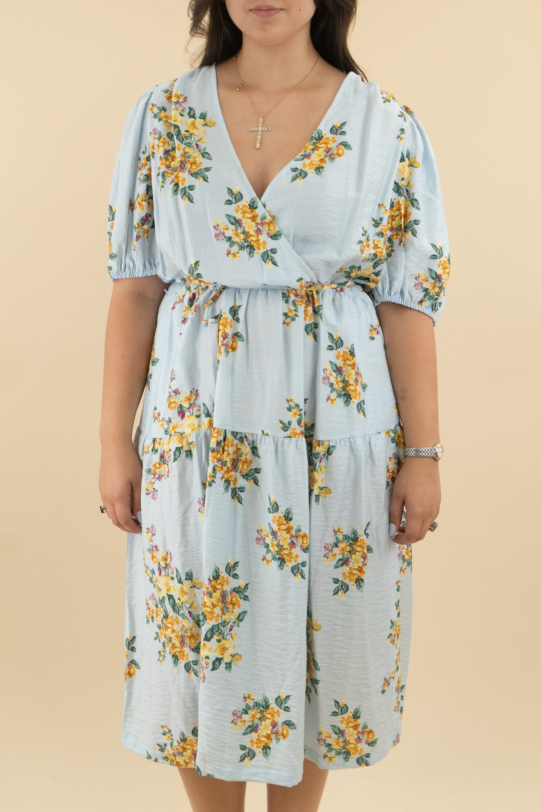 a new day baby blue floral short sleeve wrap maxi dress nwt (xl; retail $40)