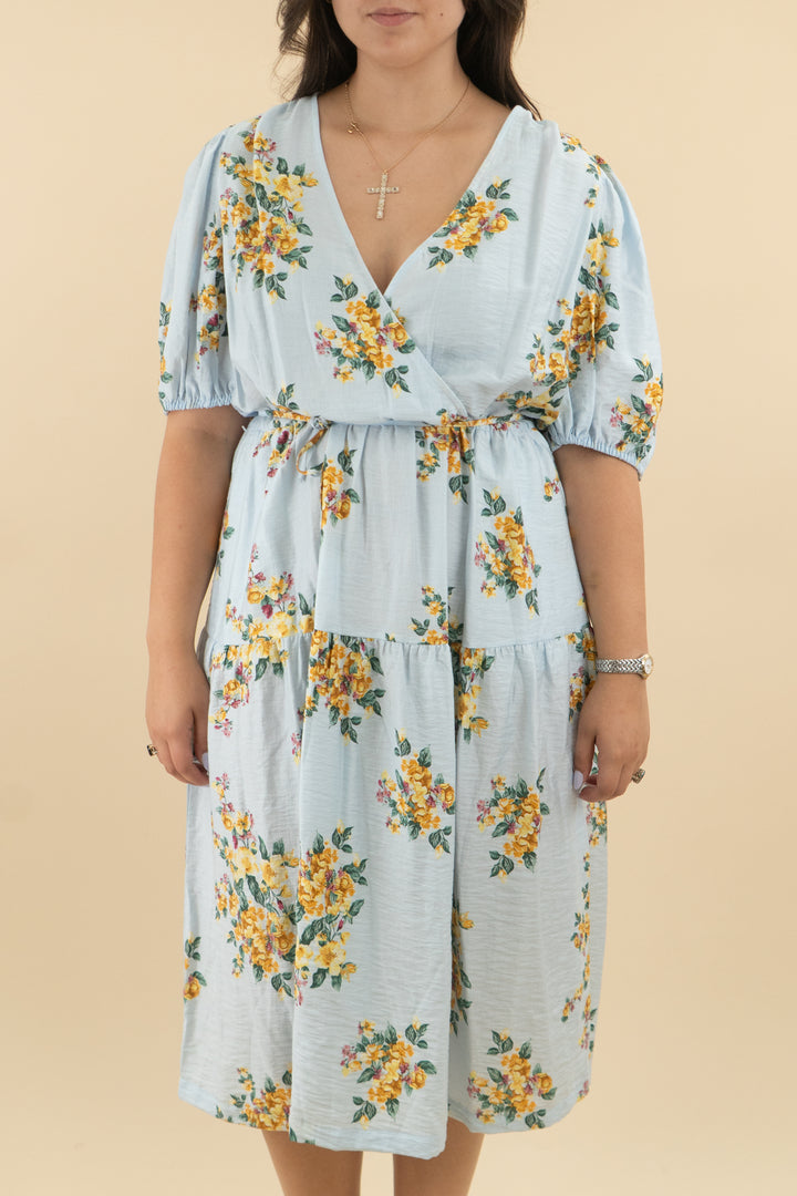 a new day baby blue floral short sleeve wrap maxi dress nwt (xl; retail $40)
