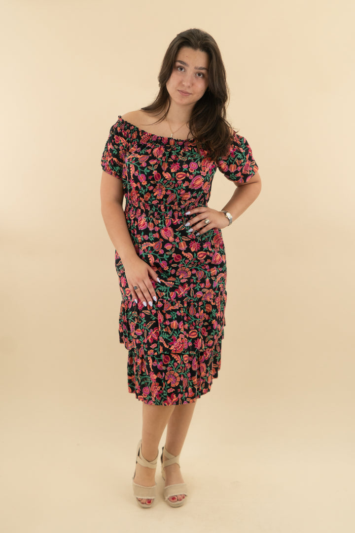 knox rose black coral floral off the shoulder smocked midi dress (m: retail $35)