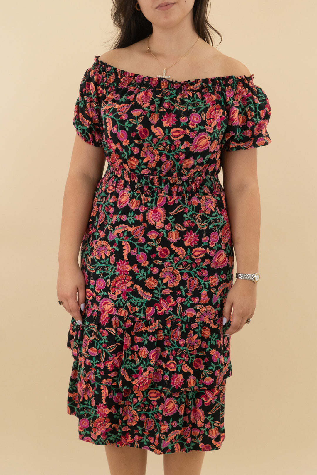 knox rose black coral floral off the shoulder smocked midi dress (m: retail $35)