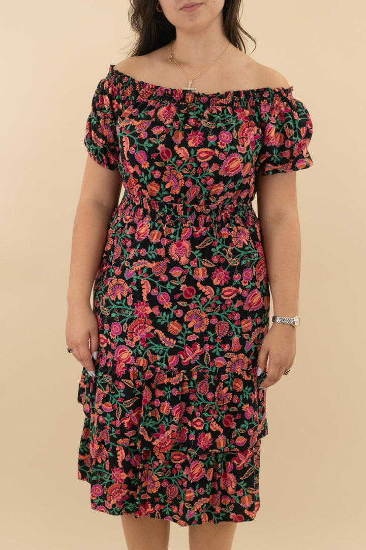 knox rose black coral floral off the shoulder smocked midi dress (m: retail $35)