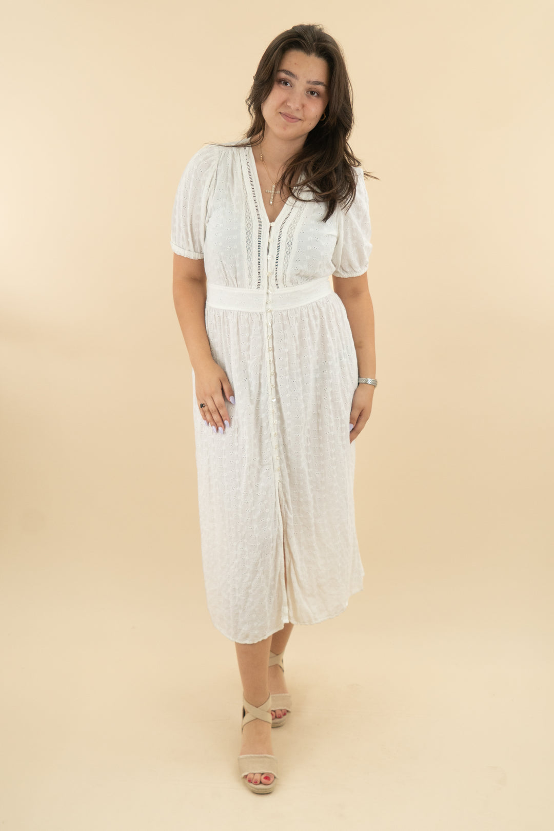 gap white lace floral short sleeve midi dress (l: retail $118)