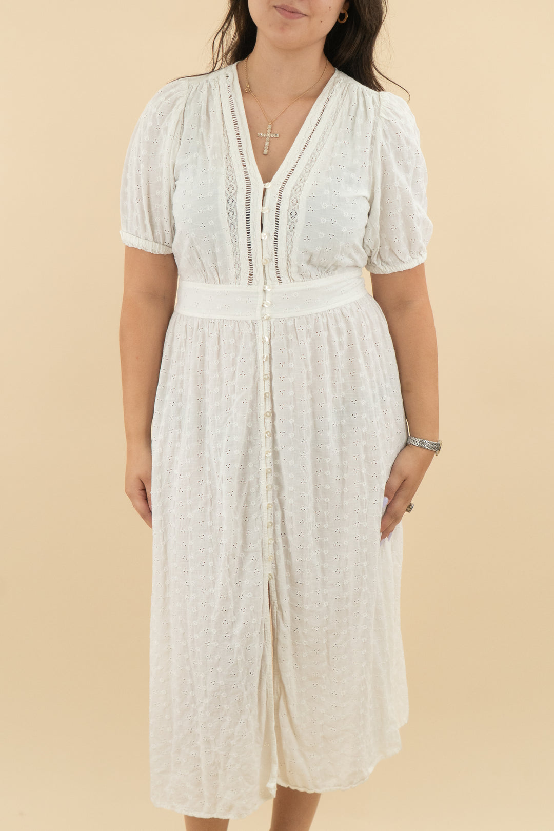 gap white lace floral short sleeve midi dress (l: retail $118)