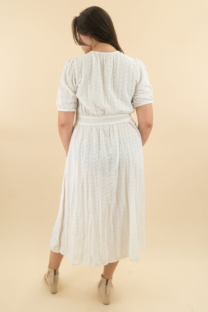 gap white lace floral short sleeve midi dress (l: retail $118)