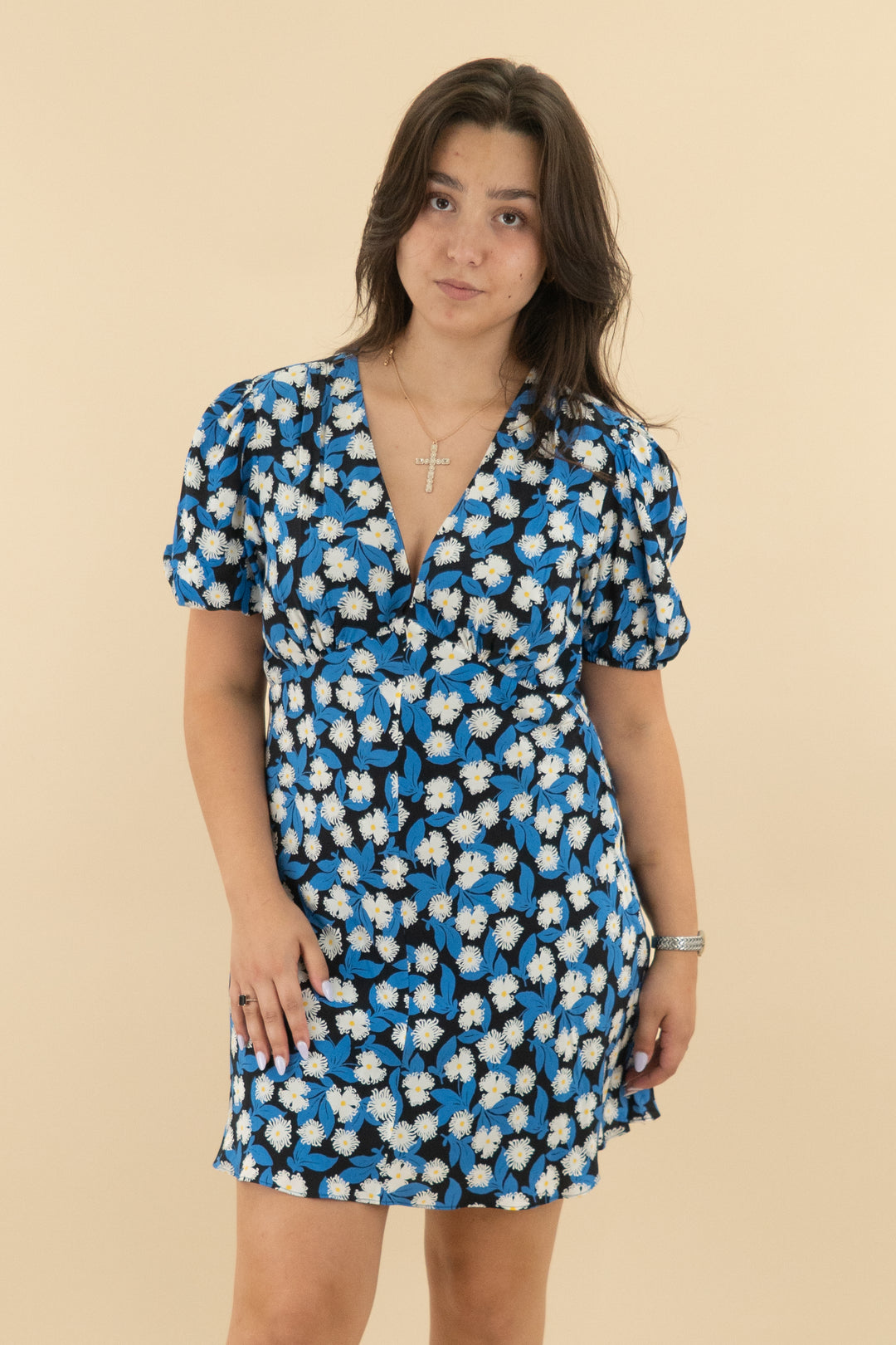 *AUCTION* staud blue and black floral mini dress (xl)
