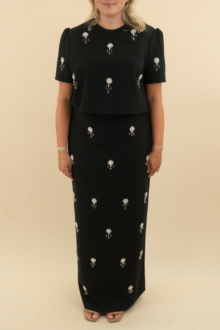 odd muse black embellished maxi skirt and top set nwt (xxxl; retail $445)