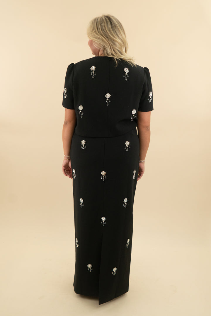 odd muse black embellished maxi skirt and top set nwt (xxxl; retail $445)
