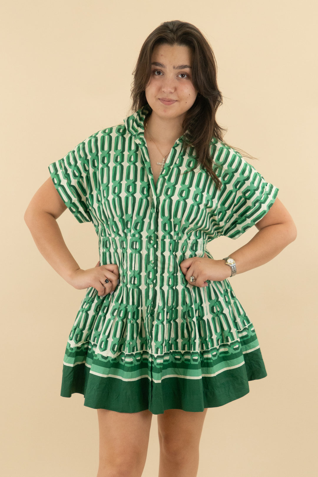 *AUCTION* cara cara green poplin pleated dress (l)