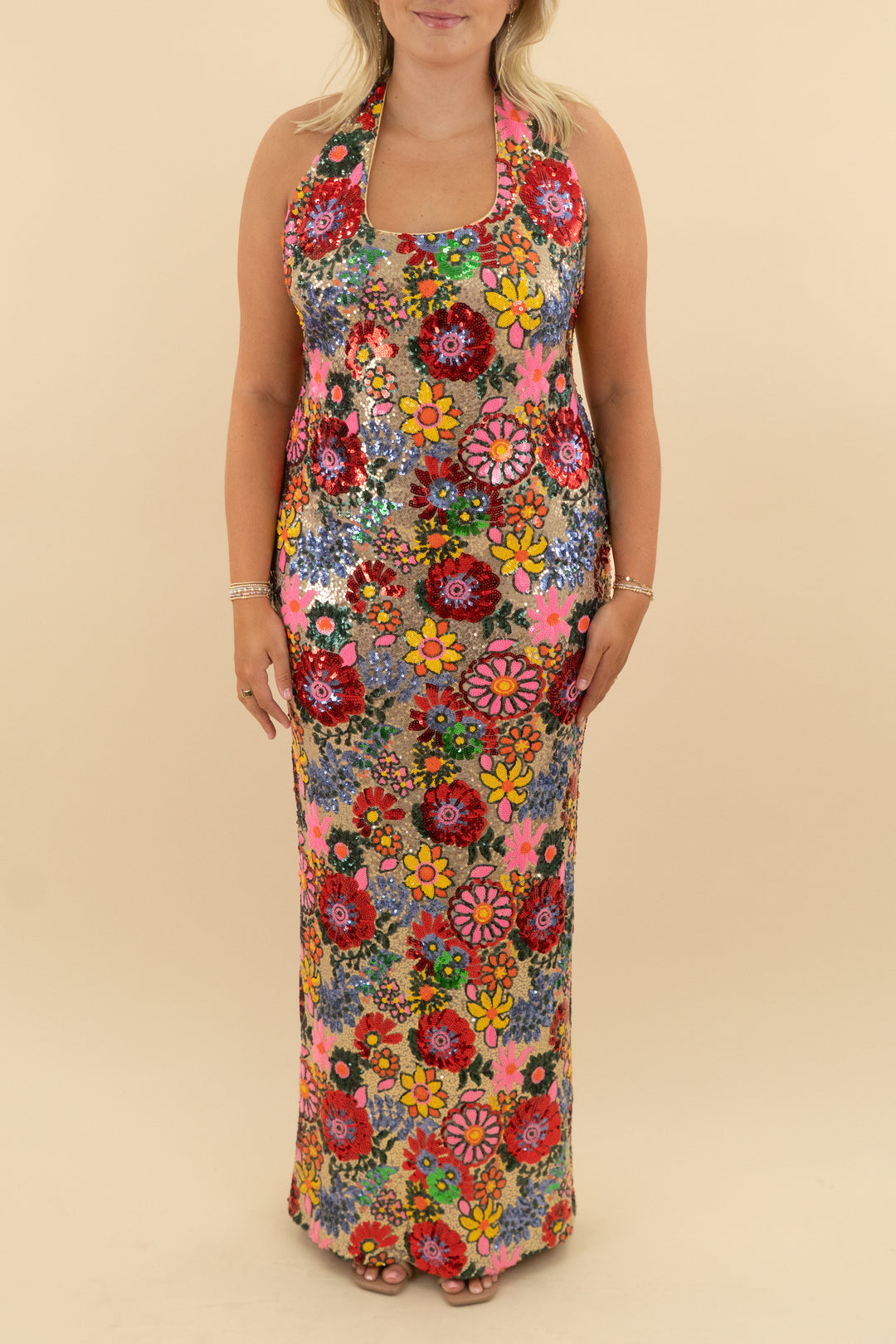 ramy brook floral sequin halter dress nwt (16; retail $645)