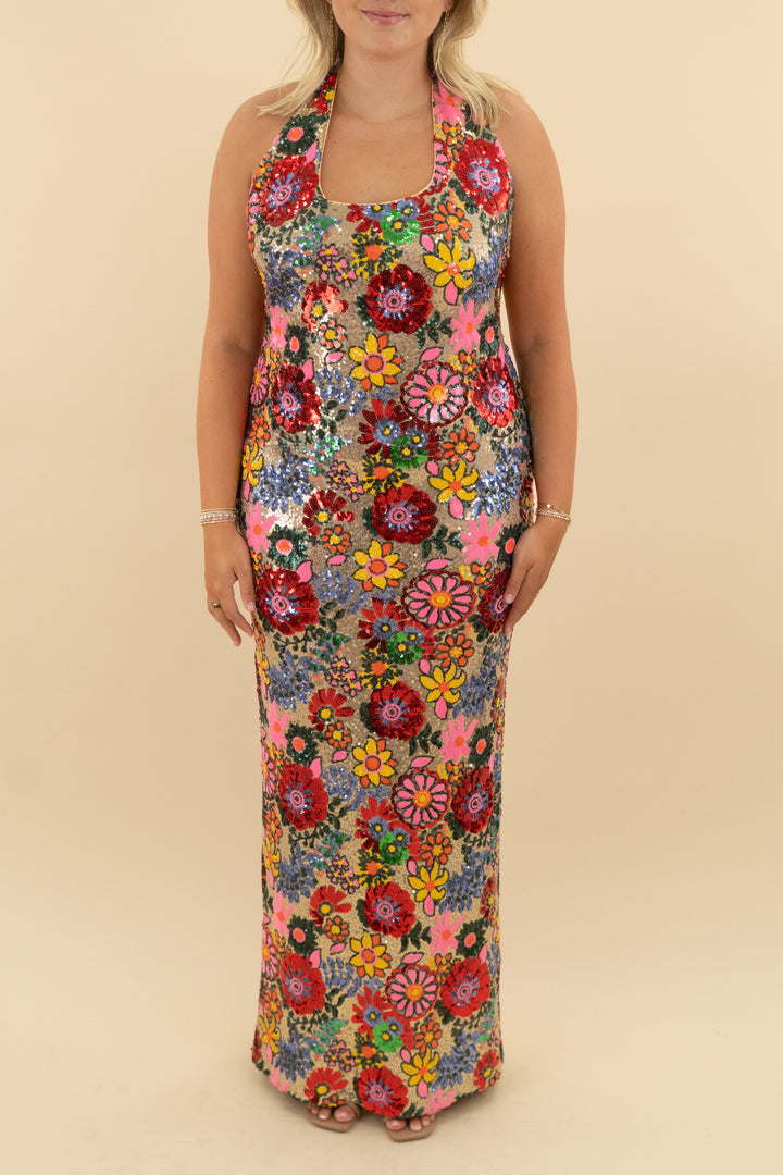 ramy brook floral sequin halter dress nwt (16; retail $645)