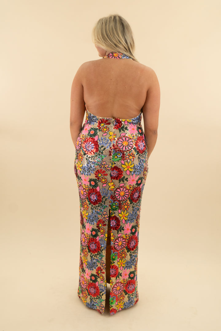 ramy brook floral sequin halter dress nwt (16; retail $645)